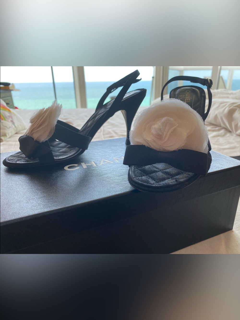 CHANEL Black Slingback Sandals Heels with Cream Camellia Flower Sz 6 - Picture 2 of 8
